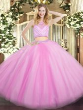 Sumptuous Lilac Tulle Zipper Quinceanera Gowns Sleeveless Floor Length Beading and Ruffles