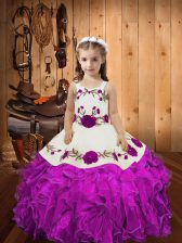Low Price Fuchsia Little Girl Pageant Dress Sweet 16 and Quinceanera with Embroidery and Ruffles and Hand Made Flower Straps Sleeveless Lace Up