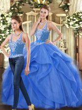 Inexpensive Tulle Straps Sleeveless Lace Up Beading and Ruffles Quinceanera Gowns in Blue