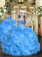  Baby Blue Ball Gowns Organza Straps Sleeveless Beading and Ruffled Layers Floor Length Lace Up Pageant Gowns For Girls