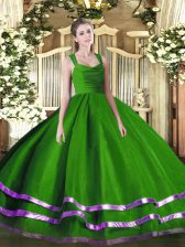  Green Ball Gowns Straps Sleeveless Organza Floor Length Zipper Ruffled Layers and Ruching Sweet 16 Dresses