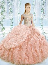 Spectacular Peach Ball Gowns Sweetheart Sleeveless Organza Brush Train Lace Up Beading and Ruffles 15th Birthday Dress