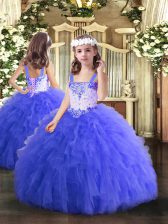  Blue Tulle Lace Up Evening Gowns Sleeveless Floor Length Beading and Ruffles