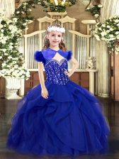  Royal Blue Little Girl Pageant Gowns Party and Quinceanera with Beading and Ruffles Straps Sleeveless Lace Up
