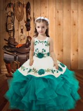 Fashionable Teal Lace Up Little Girl Pageant Dress Embroidery and Ruffles Sleeveless Floor Length