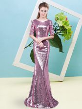 Fantastic Fuchsia Sequined Zipper Prom Dress Half Sleeves Floor Length Sequins