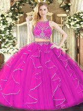  Fuchsia Ball Gown Prom Dress Military Ball and Sweet 16 and Quinceanera with Ruffles Scoop Sleeveless Zipper