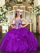 Purple Lace Up Straps Appliques and Ruffles Kids Formal Wear Organza Sleeveless