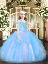 Trendy Baby Blue Organza Lace Up Pageant Gowns For Girls Sleeveless Floor Length Beading and Ruffles