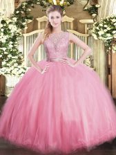  Sleeveless Floor Length Lace Backless 15th Birthday Dress with Baby Pink