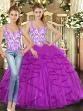 Discount Fuchsia Ball Gowns Tulle Straps Sleeveless Beading and Ruffles Floor Length Lace Up Vestidos de Quinceanera