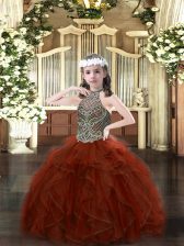 Unique Rust Red Sleeveless Beading and Ruffles Floor Length Pageant Dress Wholesale