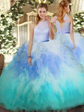  High-neck Sleeveless Tulle Quinceanera Dress Beading and Ruffles Backless