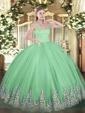 Apple Green Tulle Zipper Ball Gown Prom Dress Sleeveless Floor Length Appliques