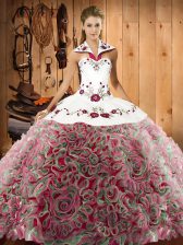 Customized Fabric With Rolling Flowers Halter Top Sleeveless Sweep Train Lace Up Embroidery Quinceanera Dresses in Multi-color