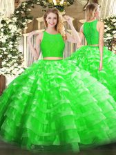 Deluxe Scoop Sleeveless Sweet 16 Dress Floor Length Lace and Ruffled Layers Green Organza