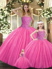 Deluxe Floor Length Hot Pink Quince Ball Gowns Sweetheart Sleeveless Lace Up