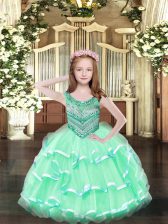 Modern Sleeveless Floor Length Beading and Ruffled Layers Lace Up Little Girl Pageant Dress with Apple Green