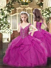 High Quality Fuchsia Sleeveless Tulle Lace Up Kids Formal Wear for Party and Quinceanera