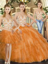 Suitable Sleeveless Organza Floor Length Lace Up Ball Gown Prom Dress in Orange Red with Beading and Ruffles