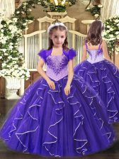 Dramatic Purple Sleeveless Floor Length Beading and Ruffles Lace Up Little Girl Pageant Gowns