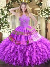  Sleeveless Tulle Floor Length Zipper Quince Ball Gowns in Lilac with Beading and Ruffles and Sequins