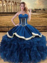 Luxury Organza Sweetheart Sleeveless Lace Up Beading and Ruffles 15th Birthday Dress in Blue