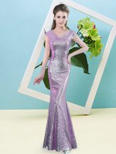  Floor Length Zipper Prom Dress Lilac for Prom and Party with Sequins