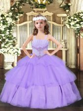  Lavender Ball Gowns Straps Sleeveless Organza Floor Length Lace Up Beading and Ruffled Layers High School Pageant Dress