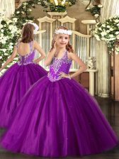  Purple Ball Gowns Tulle V-neck Sleeveless Beading Floor Length Lace Up Pageant Dress Toddler