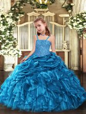  Blue Ball Gowns Straps Sleeveless Organza Floor Length Lace Up Beading and Ruffles Little Girl Pageant Dress