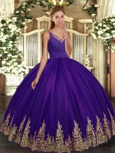  Eggplant Purple V-neck Backless Appliques Quinceanera Dresses Sleeveless