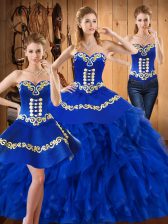 Delicate Blue Sleeveless Embroidery and Ruffles Floor Length Ball Gown Prom Dress