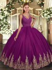 Glittering Sleeveless Floor Length Appliques Backless Quinceanera Dresses with Fuchsia