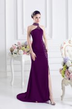 Gorgeous Sweep Train Column/Sheath Prom Dress Dark Purple Halter Top Elastic Woven Satin Sleeveless Zipper