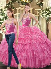 Amazing Hot Pink Lace Up Vestidos de Quinceanera Beading and Ruffles and Pick Ups Sleeveless Floor Length