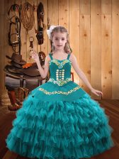  Teal Straps Neckline Embroidery and Ruffled Layers Little Girls Pageant Dress Sleeveless Lace Up