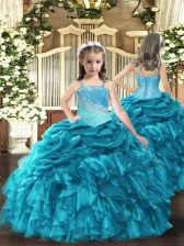  Teal Lace Up Straps Embroidery and Ruffles Pageant Dresses Organza Sleeveless