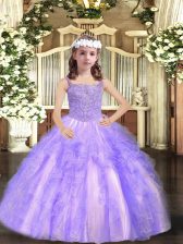  Lavender Tulle Lace Up Straps Sleeveless Floor Length Kids Pageant Dress Beading and Ruffles