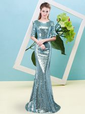  Floor Length Baby Blue Prom Dress Sequined Half Sleeves Sequins