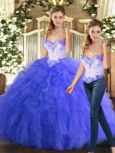 Blue Two Pieces Sweetheart Sleeveless Organza Floor Length Lace Up Beading and Ruffles Quince Ball Gowns