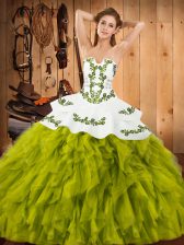  Olive Green Ball Gowns Satin and Organza Strapless Sleeveless Embroidery and Ruffles Floor Length Lace Up 15th Birthday Dress