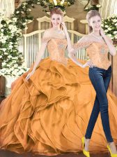 Super Floor Length Lace Up Quinceanera Dresses Orange Red for Military Ball and Sweet 16 and Quinceanera with Beading and Ruffles