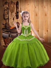  Olive Green Lace Up Little Girls Pageant Dress Embroidery Sleeveless Floor Length