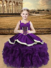 New Style Sleeveless Organza Floor Length Lace Up Little Girl Pageant Gowns in Eggplant Purple with Beading and Ruffles