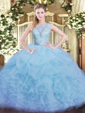  Aqua Blue Sleeveless Floor Length Lace and Ruffles Backless Sweet 16 Quinceanera Dress