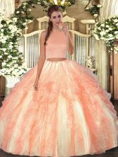Ideal Sleeveless Floor Length Beading and Ruffles Backless Sweet 16 Dress with Orange Red