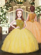 Stylish Gold Scoop Zipper Beading and Ruffles Little Girls Pageant Gowns Sleeveless