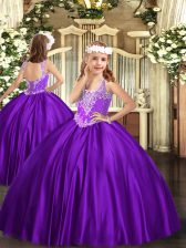 Purple Satin Lace Up Pageant Dress Wholesale Sleeveless Floor Length Beading