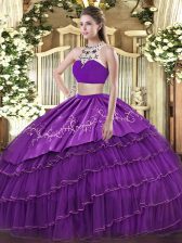 Inexpensive Purple Tulle Backless High-neck Sleeveless Floor Length Quinceanera Gown Beading and Embroidery and Ruffled Layers